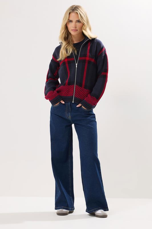 PixieGirl Petite Women's Blue & Red Knitted Check Zip Cardigan | PixieGirl 1