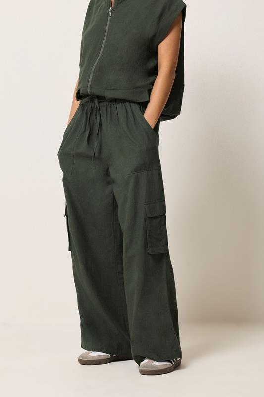 PixieGirl Petite Khaki Green Cotton Cargo Wide Leg Trousers