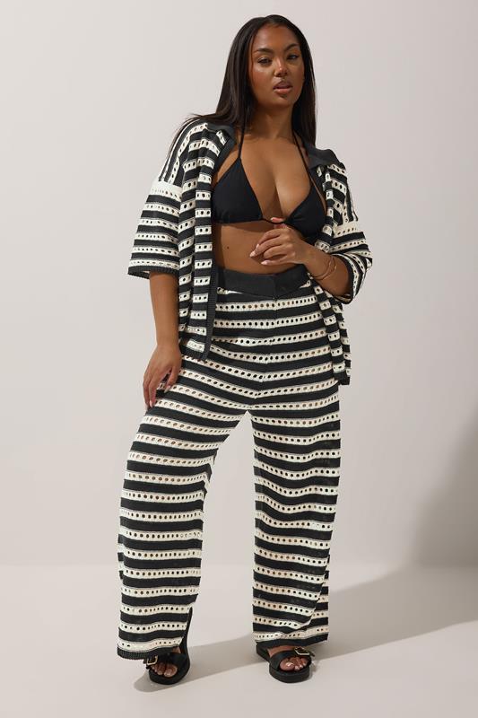 LIMITED COLLECTION Plus Size Black & White Stripe Crochet Wide Leg Trousers | Yours Clothing 1