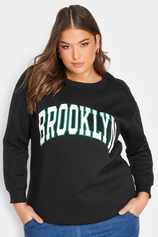 Plus Size  YOURS Curve Black 'Brooklyn' Embroidered Slogan Sweatshirt