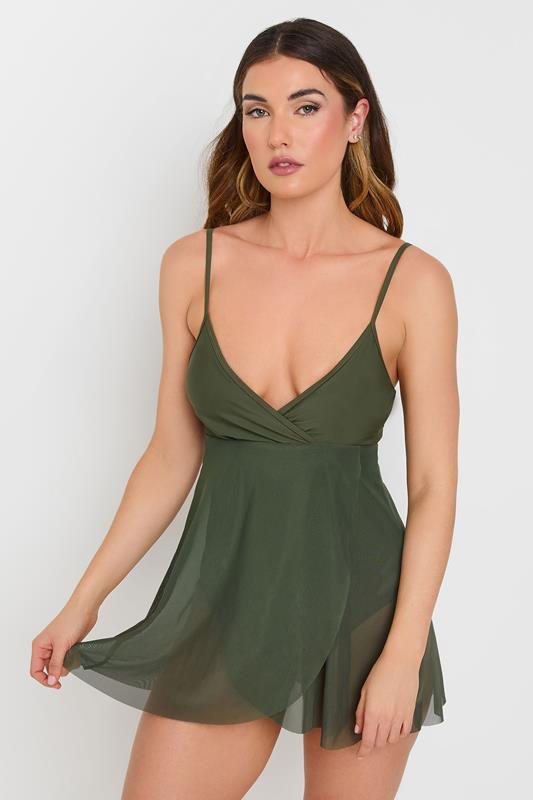 LTS Tall Khaki Green Mesh Skirted Wrap Swimsuit | Long Tall Sally 1