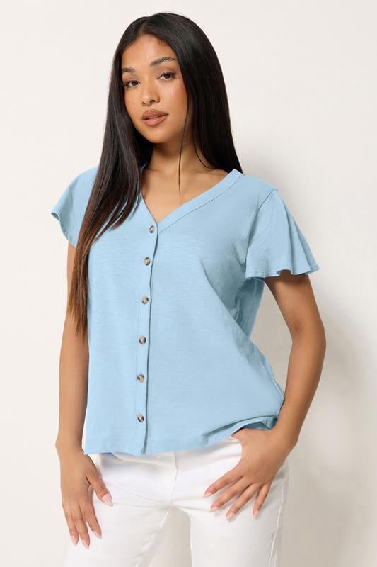  M&Co Petite Blue Cotton Frill Sleeve Shirt