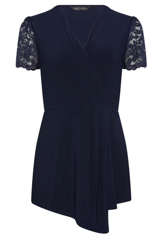 M&Co Navy Blue Lace Sleeve Asymmetric Wrap Top | M&Co 6