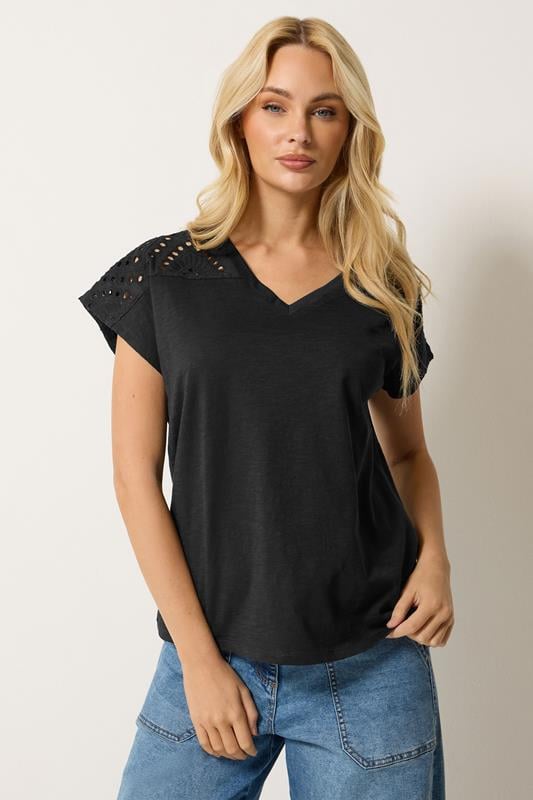  M&Co Black Broderie V-Neck Cotton T-Shirt