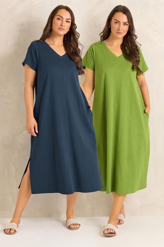 EVANS Plus Size 2 Pack Green & Navy Blue Cotton Dresses | Evans 1
