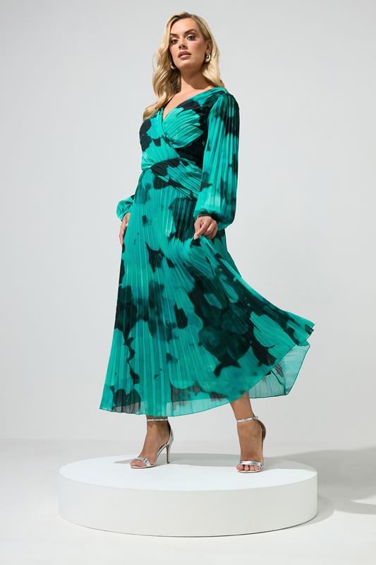 YOURS LONDON Plus Size Teal Green Abstract Pleated Dress | Yours Clothing 2