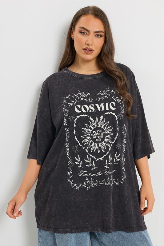 YOURS Curve Grey 'Cosmic' Acid Wash Boxy T-Shirt