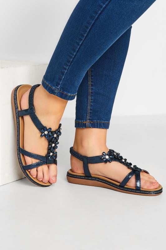 Plus Size  Yours Navy Blue Glitter Floral Diamante Studded Sandals In Wide E Fit & Extra Wide EEE Fit