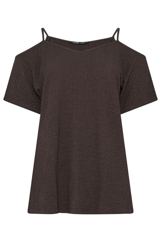 YOURS Plus Size Chocolate Brown Textured Cold Shoulder Top | Yours Clothing 5
