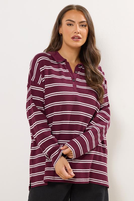 YOURS Plus Size Red Stripe Waffle Rugby Collar Top | Yours Clothing 1