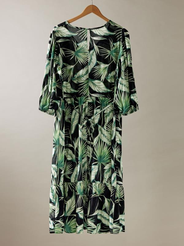 EVANS Plus Size Green Palm Print Tiered Midi Dress | Evans 6