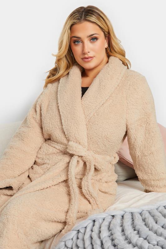 Plus Size Beige Brown Teddy Fleece Dressing Gown | Yours Clothing 4