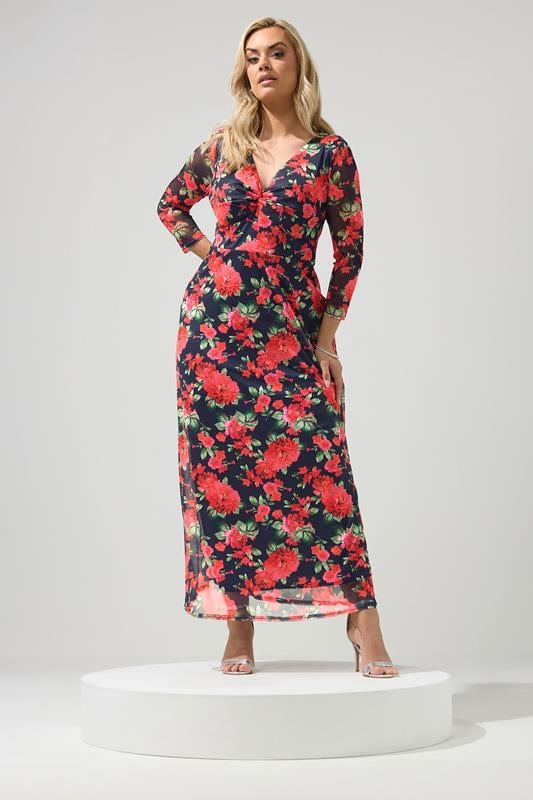 YOURS LONDON Plus Size Navy Blue Floral Knot Dress | Yours Clothing 1
