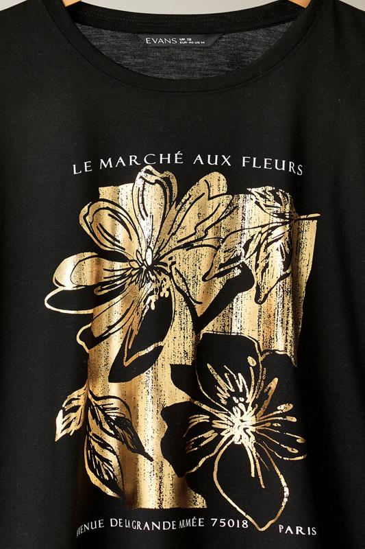 EVANS Plus Size Black Metallic Floral Print Modal Rich T-Shirt | Evans 8