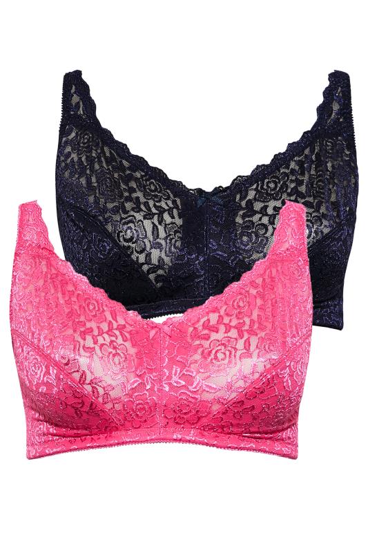 2 PACK Hot Pink & Navy Blue Lace Non-Padded Non-Wired Floral Bras | Yours Clothing 4