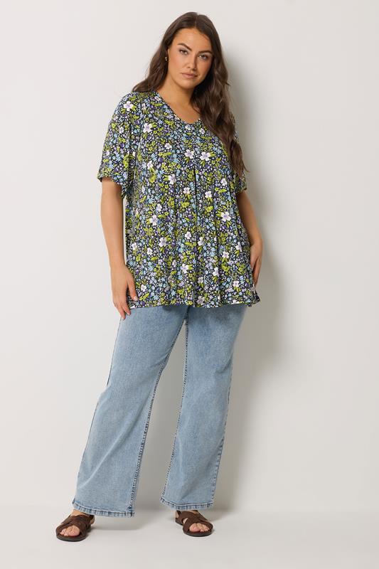 YOURS Plus Size Navy Blue & Green Floral Pleat Front Top | Yours Clothing 2