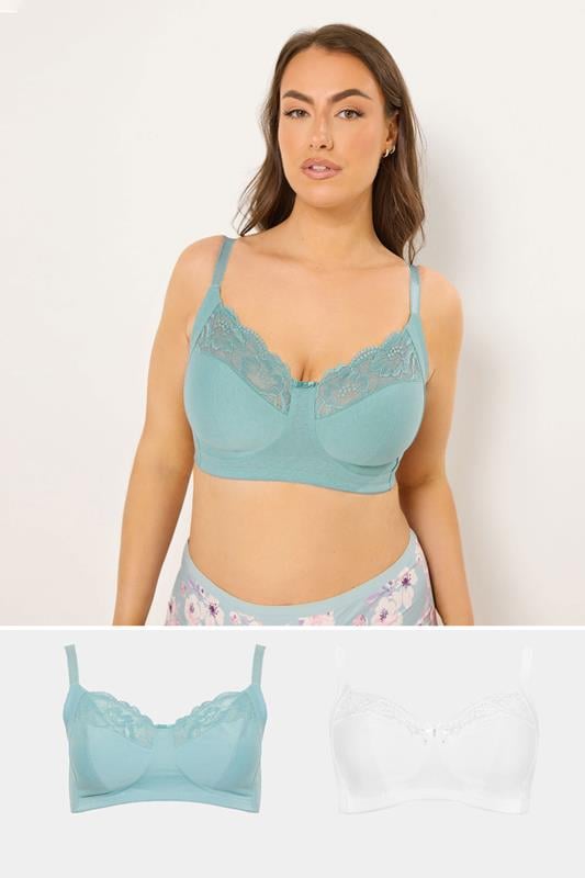 YOURSET 2 PACK Plus Size Blue Cotton Lace Trim Non-Padded Non-Wired Bralette | Yours Clothing 1