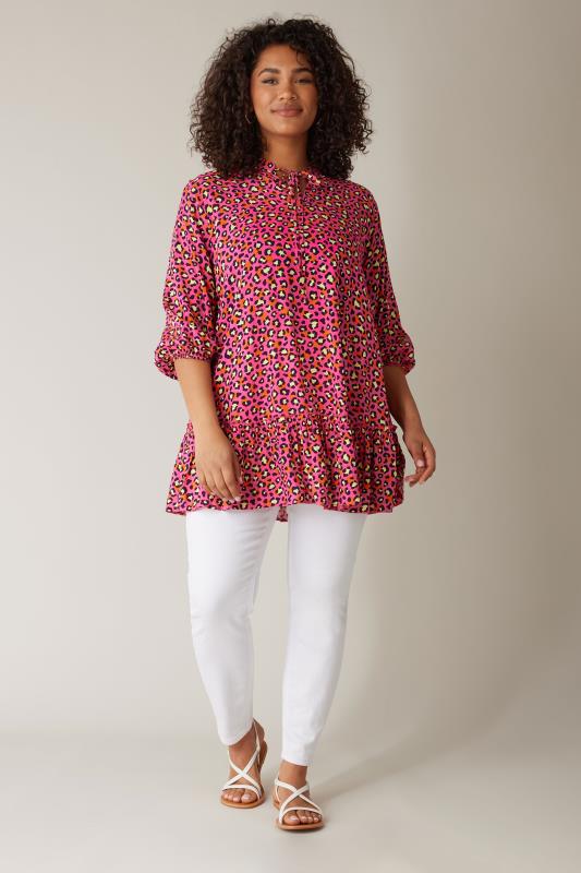 EVANS Plus Size Pink Leopard Print Tie Neck Blouse | Evans 1
