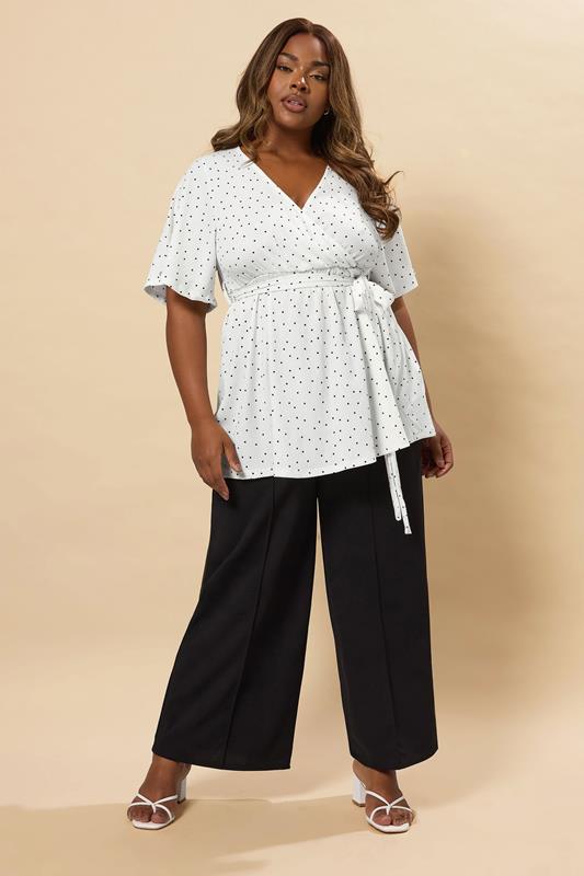 YOURS Plus Size White Ditsy Polka Dot Print Wrap Top | Yours Clothing 2