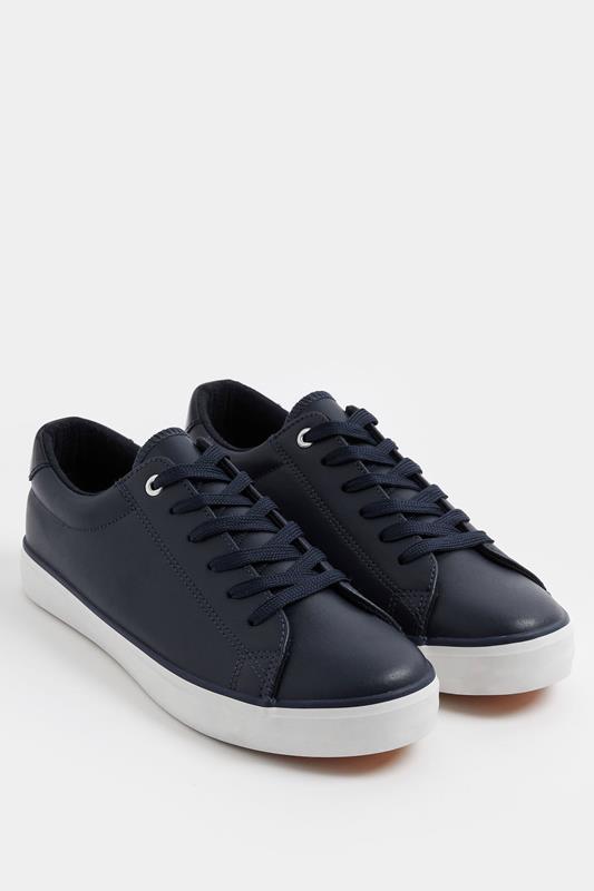 Navy Blue Faux Leather Lace Up Trainers In Extra Wide EEE Fit | Yours Clothing 1