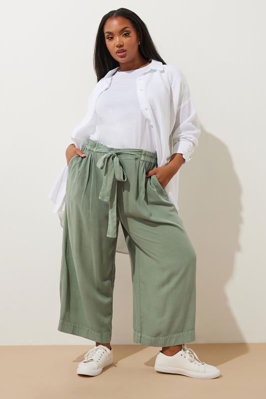 YOURS Plus Size Sage Green Chambray Tie Waist Cropped Trousers | Yours Clothing 1