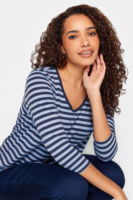 M&Co Navy & Blue Stripe V-Neck Cotton Long Sleeve T-Shirt | M&Co 4