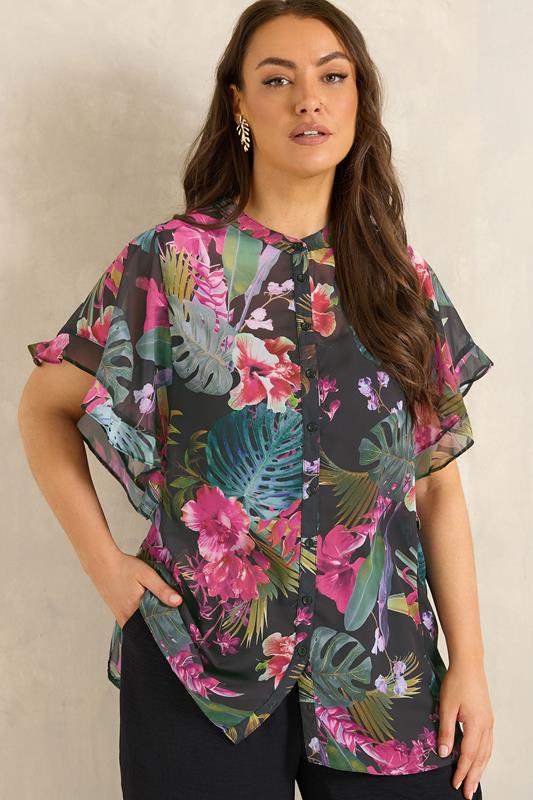 EVANS Curve Black Tropical Frill Sleeve Blouse