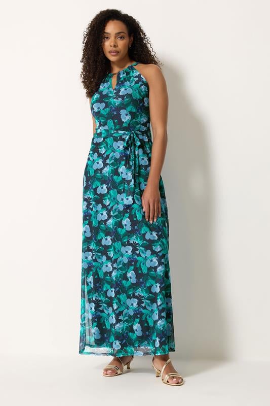 M&Co Green Floral Print Halter Neck Mesh Maxi Dress | M&Co 1
