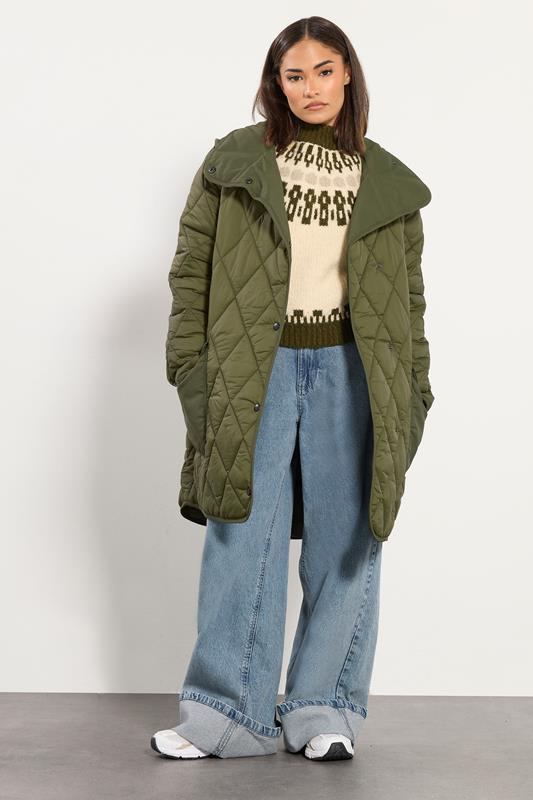 PixieGirl Petite Women's Khaki Green Funnel Neck Quilted Coat | PixieGirl 1