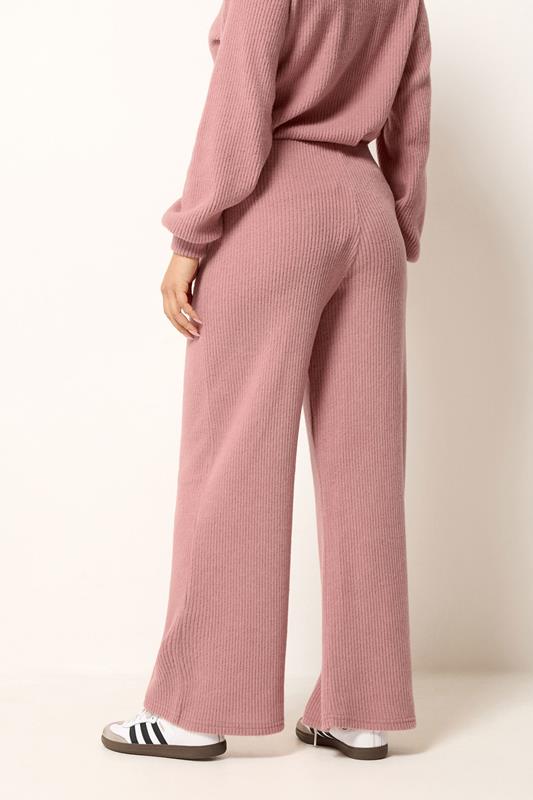 PixieGirl Petite Women's Pink Marl Ribbed Soft Touch Wide Leg Trousers | PixieGirl 2