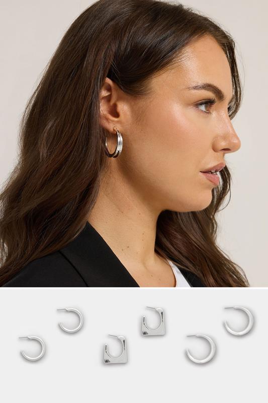 YOURSET 3 PACK Silver Tone Mixed Hoop Earring Set | Yours Clothing 1
