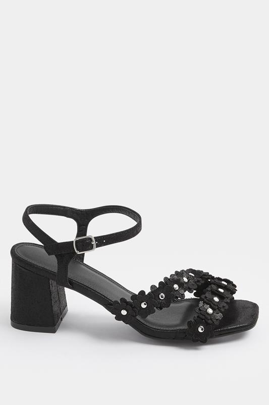 Black Shimmer Floral Block Heel Sandals In Extra Wide EEE Fit | Yours Clothing 2