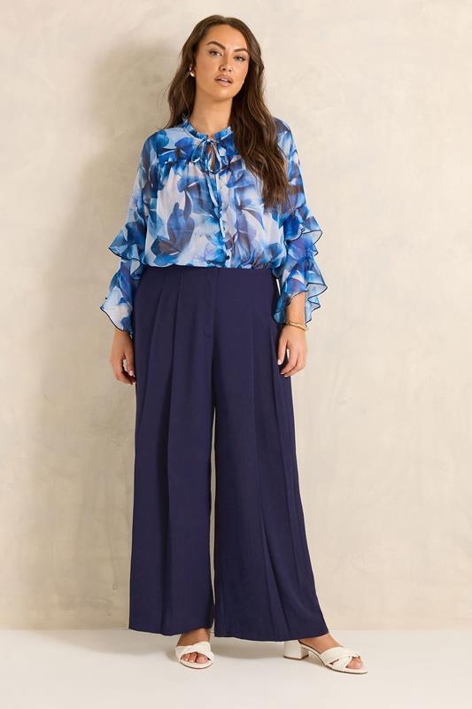 EVANS Plus Size Navy Blue Pleat Front Trousers | Evans 2