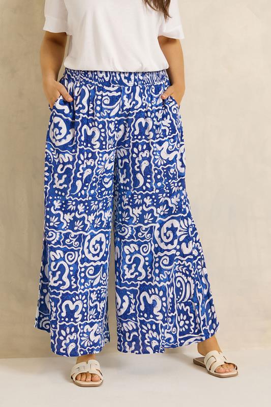 EVANS Plus Size Blue Abstract Print Wide Leg Trouser | Evans 1