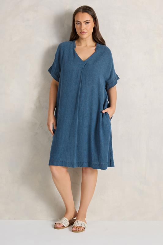 EVANS Plus Size Blue Premium Linen Shift Denim Dress | Evans 2