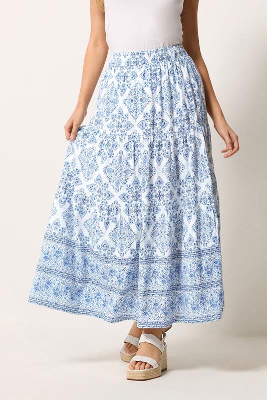  M&Co Blue Tile Print Tiered Maxi Skirt
