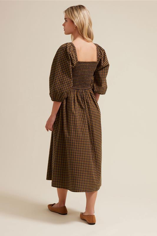 PixieGirl Petite Women's Brown Gingham Puff Sleeve Midi Dress | PixieGirl 5