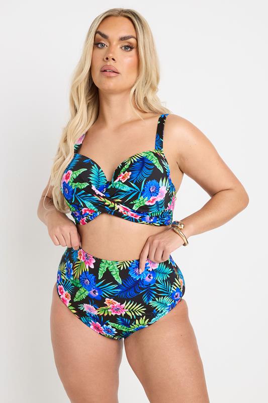YOURS Plus Size Black Tropical Floral Print High Waisted Bikini Briefs | Yours Clothing 1