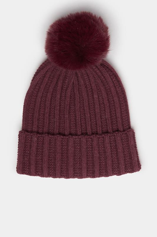  Yours Burgundy Red Faux Fur Pom Pom Bobble Hat