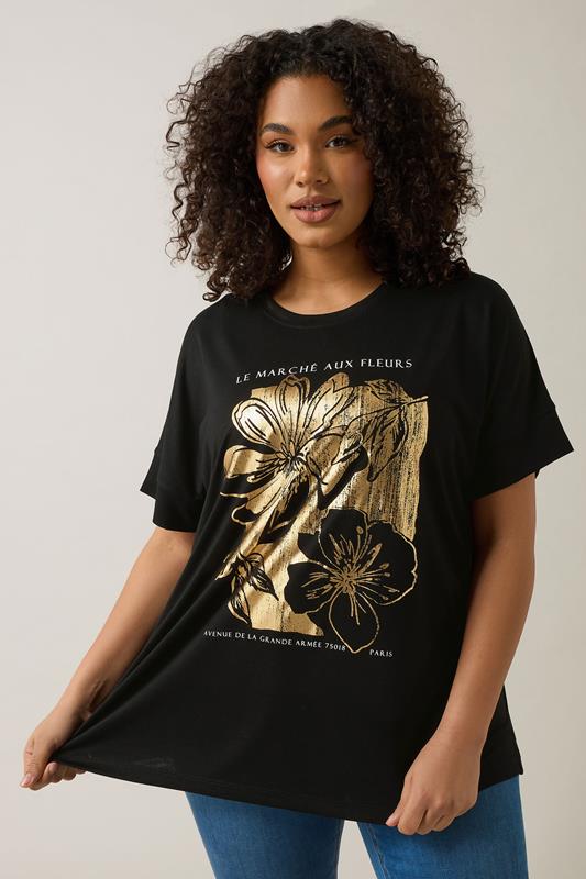 EVANS Plus Size Black Metallic Floral Print Modal Rich T-Shirt | Evans 1