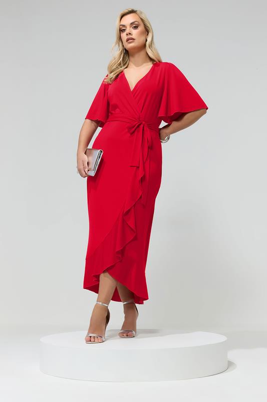 YOURS LONDON Curve Red Short Sleeve Ruffle Wrap Maxi Dress