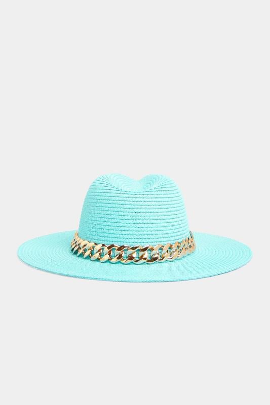 Bright Blue Straw Chain Fedora Hat | Yours Clothing  2