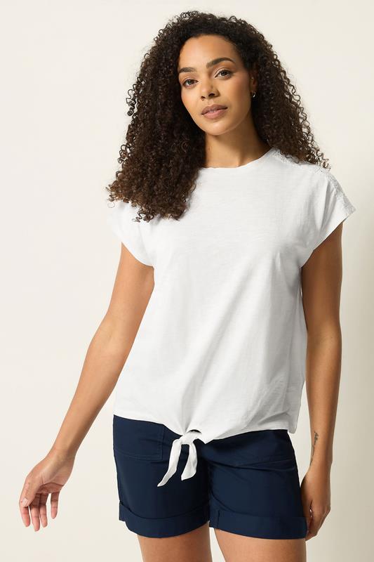  M&Co Ivory White Cotton Embroidered Tie Front T-Shirt