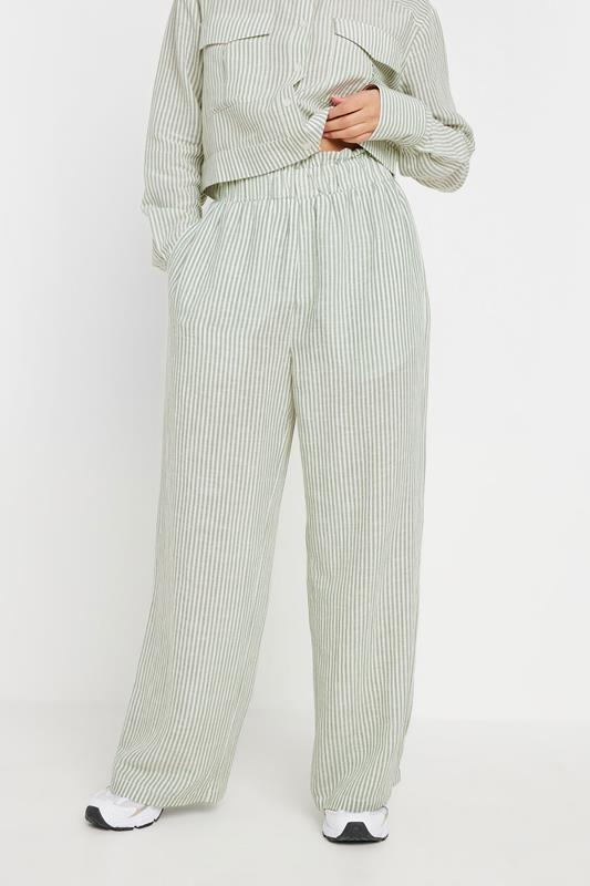 PixieGirl Petite Women's Green Linen Striped Wide Leg Trousers | PixieGirl 2