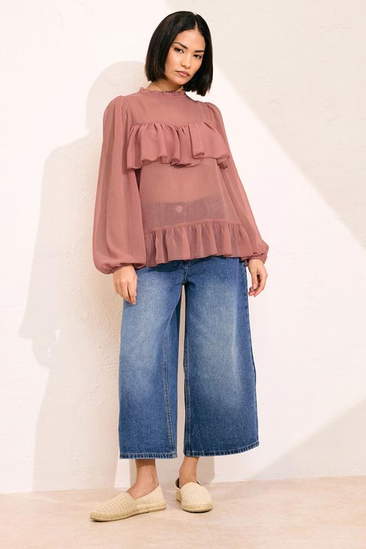 PixieGirl Petite Women's Coral Pink Chiffon Frill Blouse | PixieGirl 5