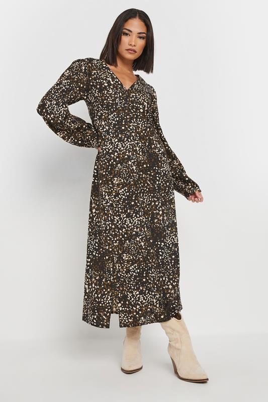 PixieGirl Petite Women's Brown Abstract Spot Midi Tea Dress | PixieGirl 1
