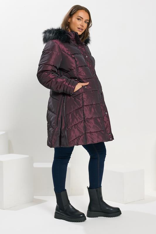 BUMP IT UP Maternity Plus Size Purple Panelled Puffer Midi Coat | Yours Clothing 1
