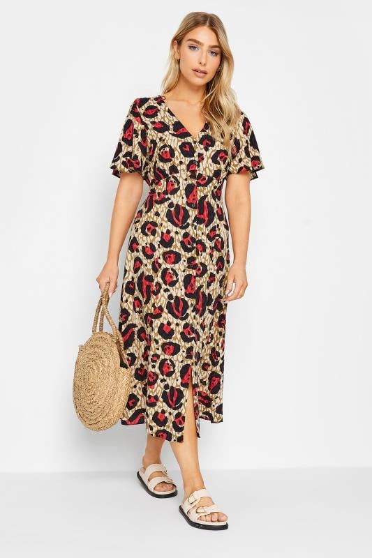 Women's  M&Co Natural Brown & Red Animal Print Midi Button Through Tea Dress