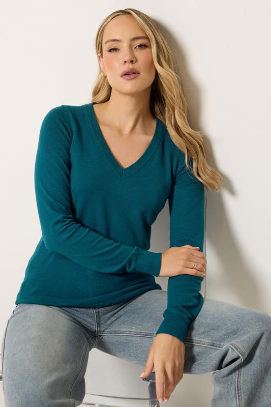 LTS Tall Teal Blue Knitted V-Neck Jumper