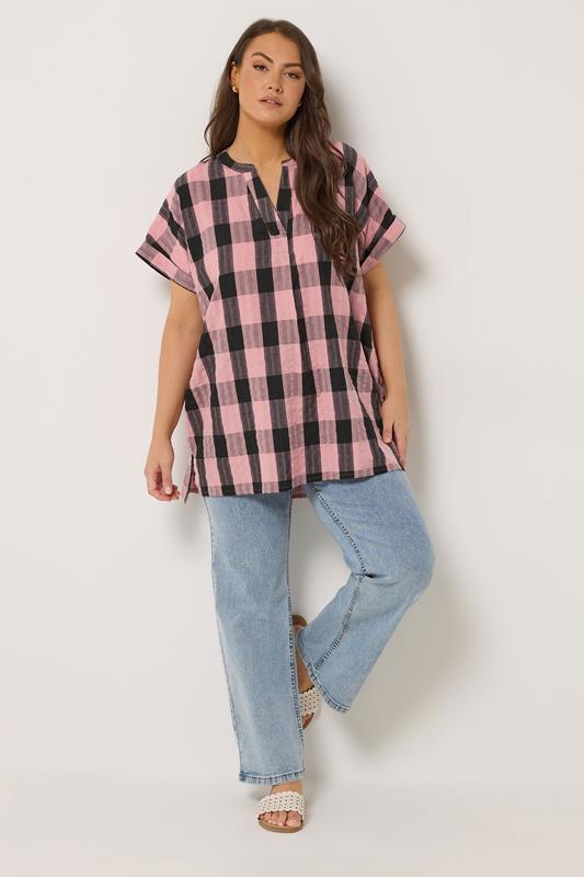 YOURS Plus Size Pink & Black Check Overhead Half Placket Shirt | Yours Clothing 1